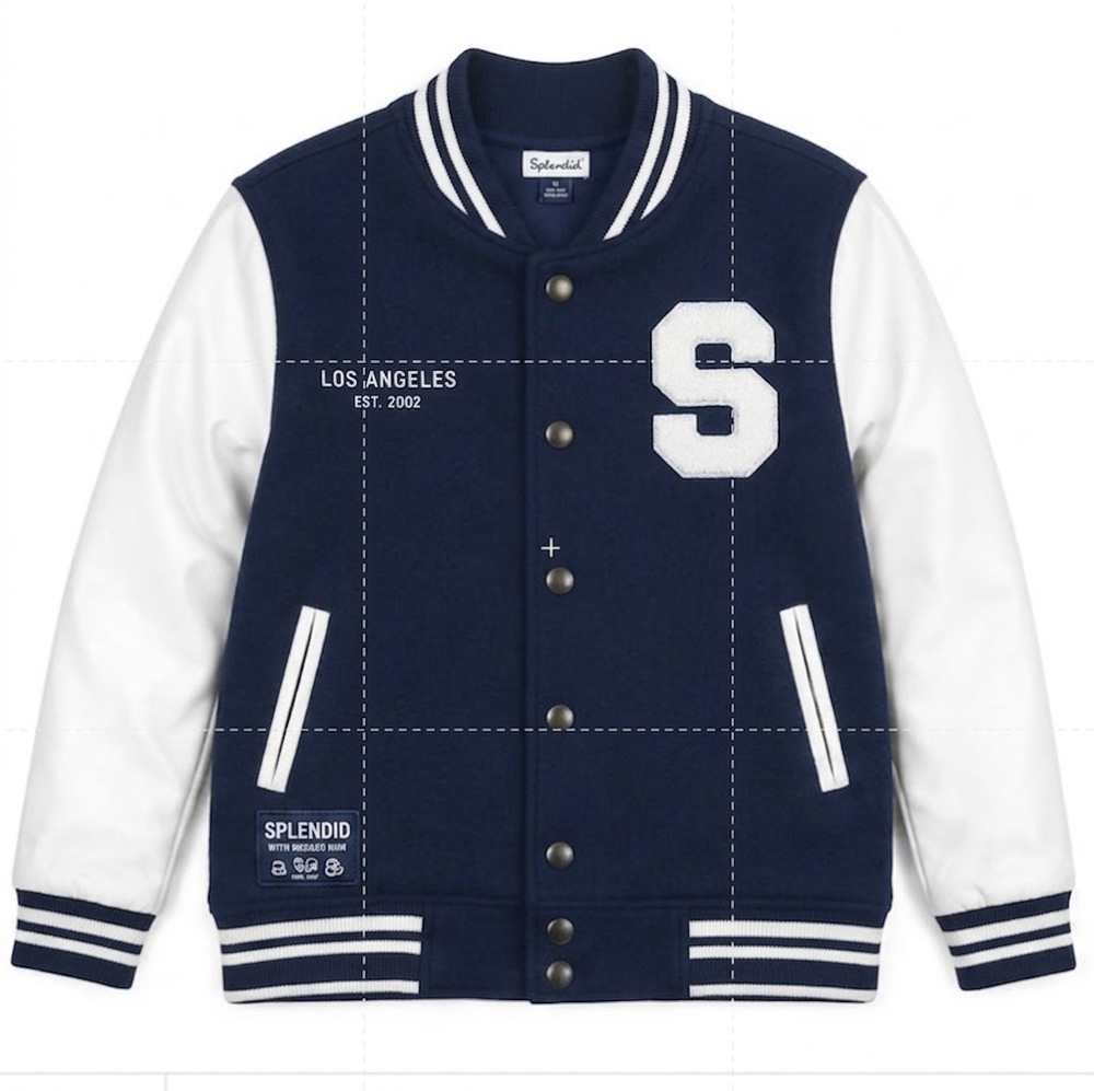 Splendid Kids Varsity Bomber Jacket Dark Blue White faux leather sleeves Size 7